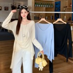 韩婷l春季新款胖mm大码女设计感v领收腰显瘦飘带长袖针织上衣