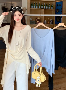 韩婷l春季新款胖mm大码女设计感v领收腰显瘦飘带长袖针织上衣