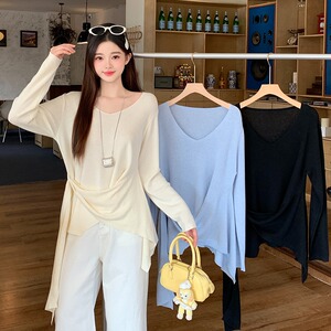 韩婷l春季新款胖mm大码女设计感v领收腰显瘦飘带长袖针织上衣