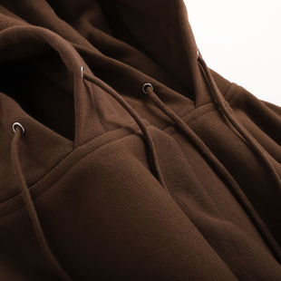 复古重磅全棉巧克力色宽松加绒连帽卫衣男休闲百搭纯色情侣上衣冬