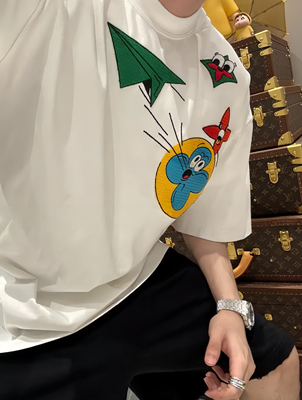 【陈发财】FACAI新款趣味纸飞机刺绣小领口圆领短袖T恤男女情侣款