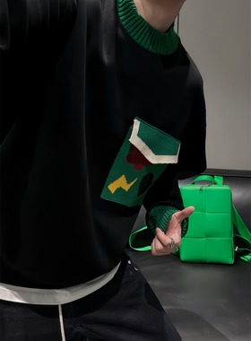 【陈发财】FA CAI秋冬新款绿色织口袋设计情侣卫衣重磅小领口长袖