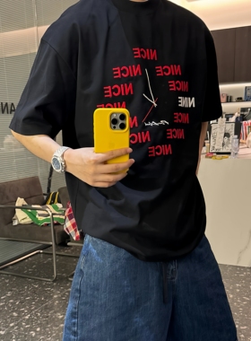 【陈发财】FA CAI新款简约刺绣字母短袖T恤男女同款情侣款小领口