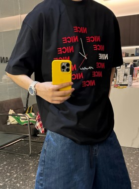 【陈发财】FA CAI新款简约刺绣字母短袖T恤男女同款情侣款小领口