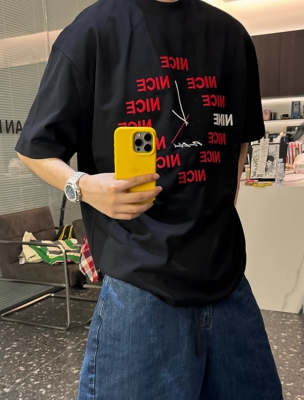 【陈发财】FA CAI新款简约刺绣字母短袖T恤男女同款情侣款小领口