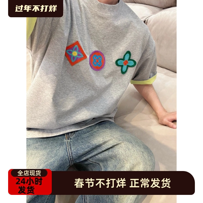 【陈发财】FA CAI夏季新款植绒图案双色T恤松弛感百搭圆领短袖T