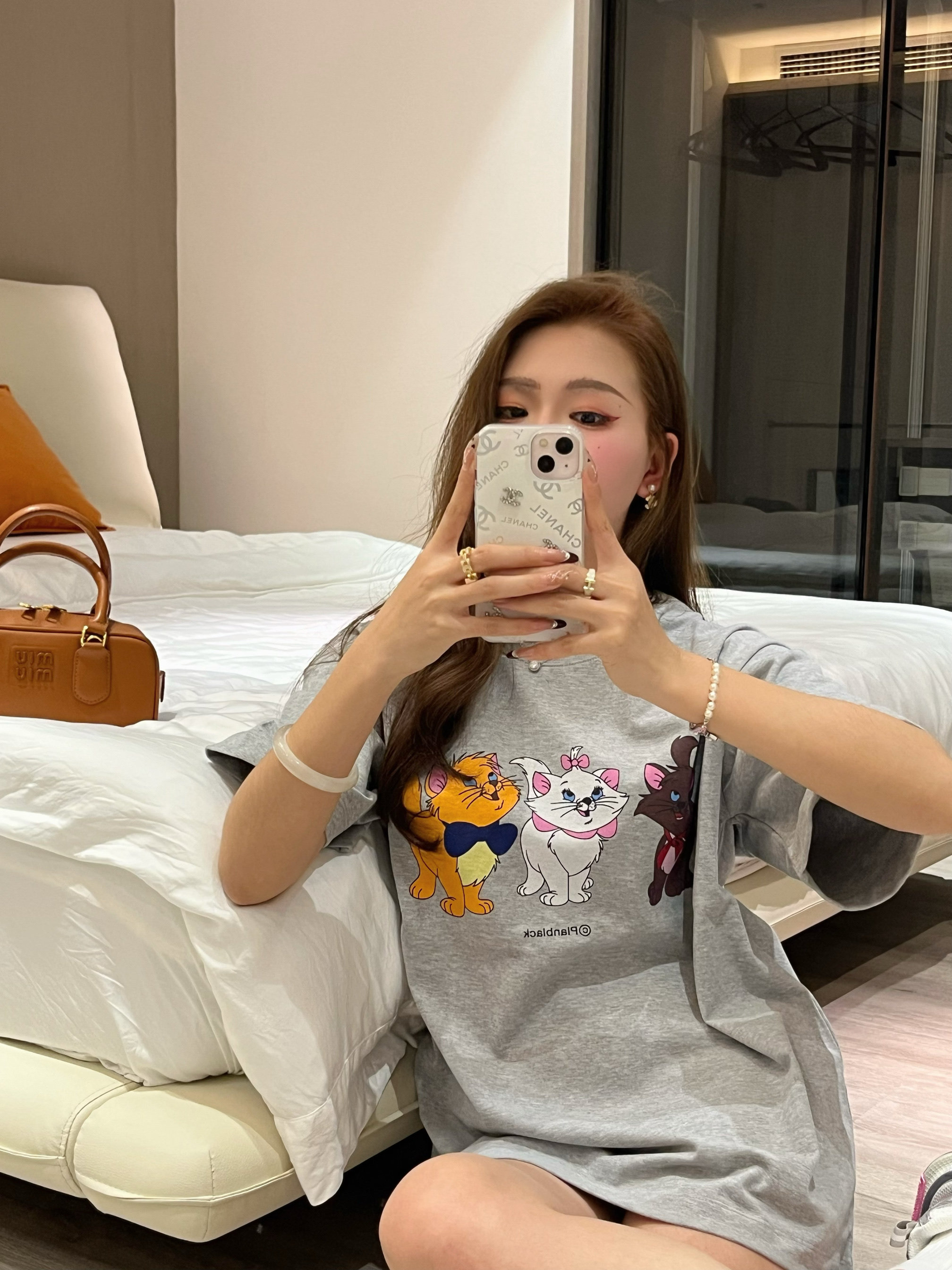 【陈发财】F CAI夏季新款卡通猫咪印花小领口圆领短袖T恤男女同款