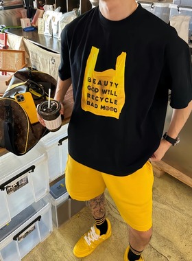 【陈发财】FA CAI订制款情侣潮牌塑料袋印花宽松百搭小领口短袖T