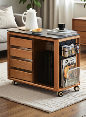本木家具实木茶水柜日式小推车樱桃木沙发边柜可移动岩板茶台边柜