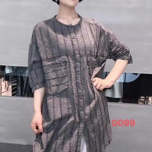 G099雪蓝衫棉麻宽松大码长T恤灰色开叉圆领七分袖春夏格子杉