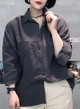 T363雪蓝杉棉麻新款正品女装长袖polo领 shirts秋季衬衫灰色衬衣