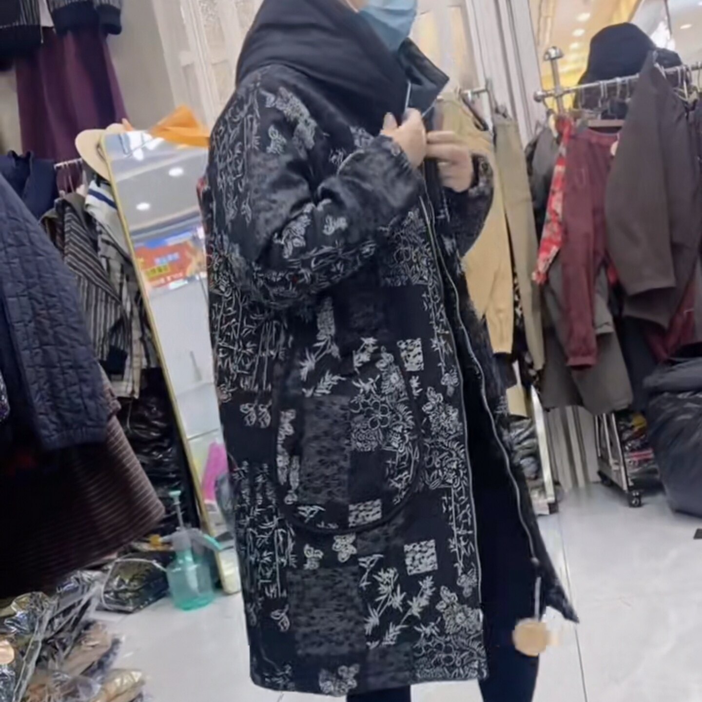 雪蓝杉棉麻女装冬季2024新款大牌棉服长款过膝格子棉大衣连帽外套