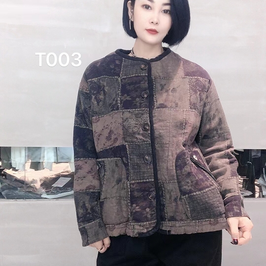 雪蓝杉棉麻冬季棉衣服新款正品女装T003棉外套花色圆领纽扣长袖