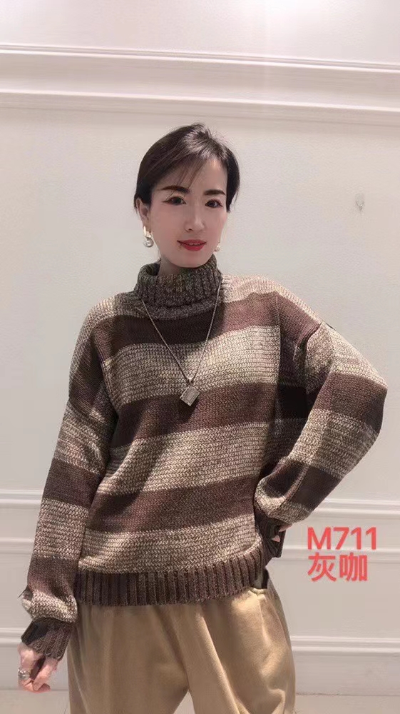 M711雪蓝衫毛衣女士长袖宽松慵懒风复古秋冬毛针织衫高领拼色洋气