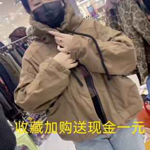 棉麻女装冬季2024新款大牌棉服短款格子棉上衣连帽外套加绒