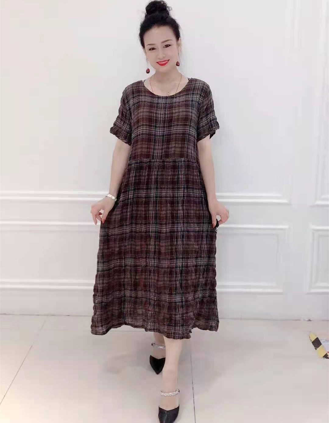 雪蓝杉棉麻8210方格圆领中长裙大码加肥加大连衣裙夏季新款女装