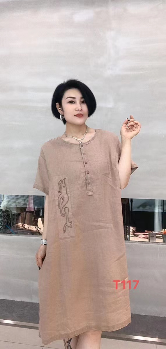 T117雪蓝衫棉麻正品女装短袖圆领连衣裙夏季新款长裙宽松腰A字裙