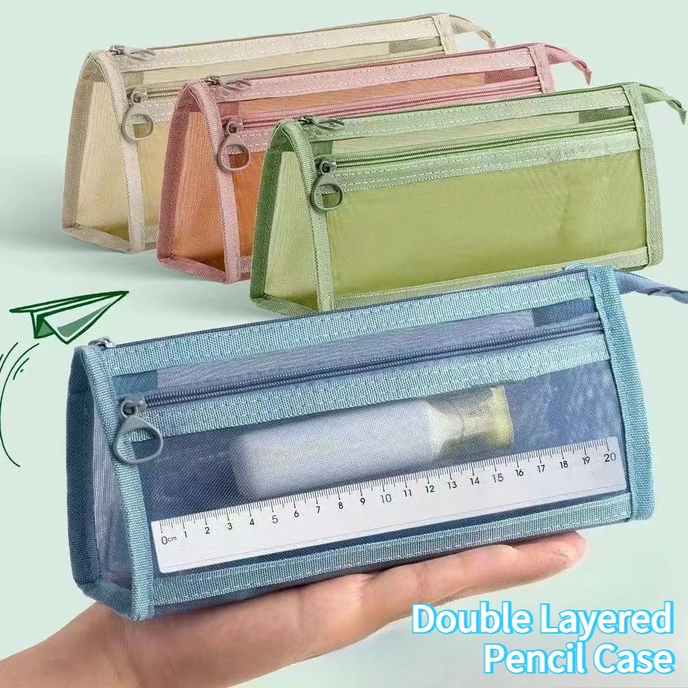 Large Capacity 2 Layers Pen Box Transparent mesh pencil case