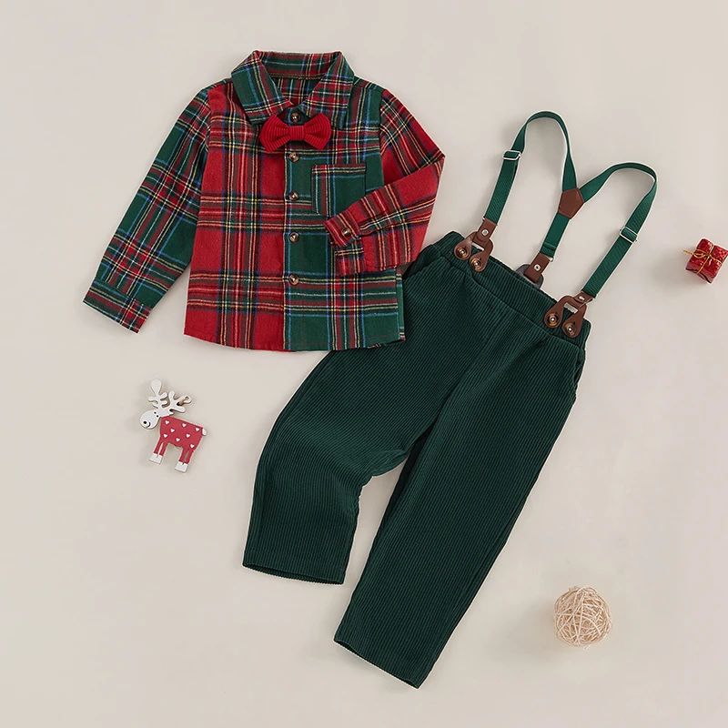 Cute Gentleman Baby Boys Christmas ClothesPlaid Print Button