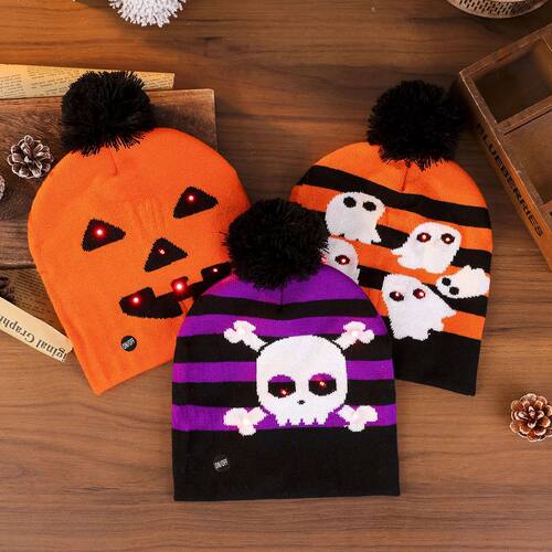Glow in the Dark Halloween Knit Hat with Skull, Ghost, and G