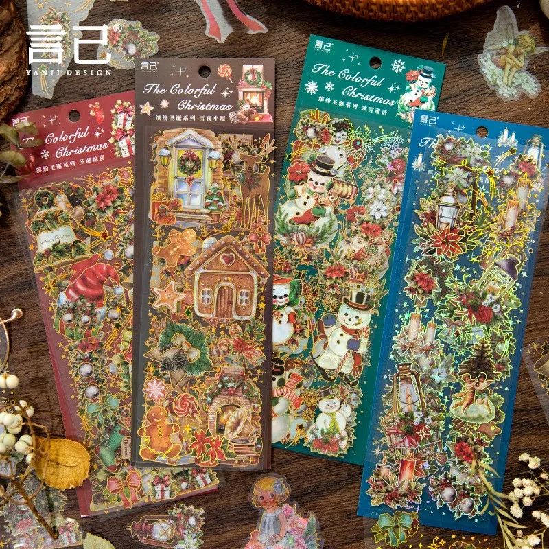 3Pcs?Christmas Stickers Gold Foil Santa Claus Snowman Transp