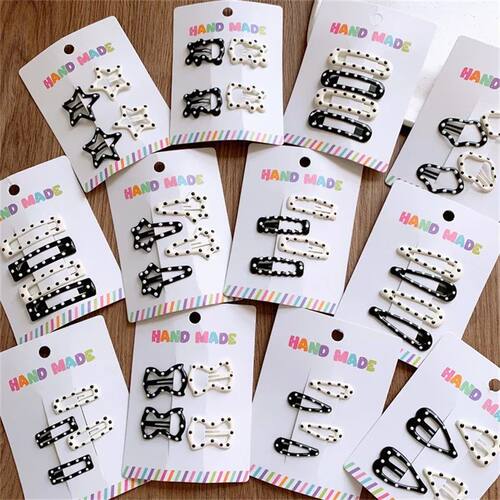 4Pcs Black White Girl Snap Hair Clip Kids Oval Star Love Bow