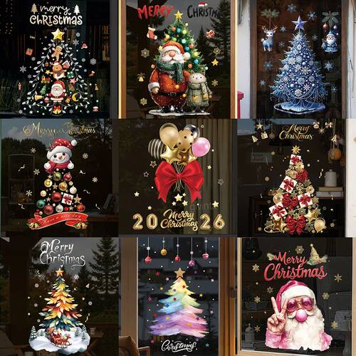 Santa Claus Elk Christmas Window Stickers Snowflake Electros