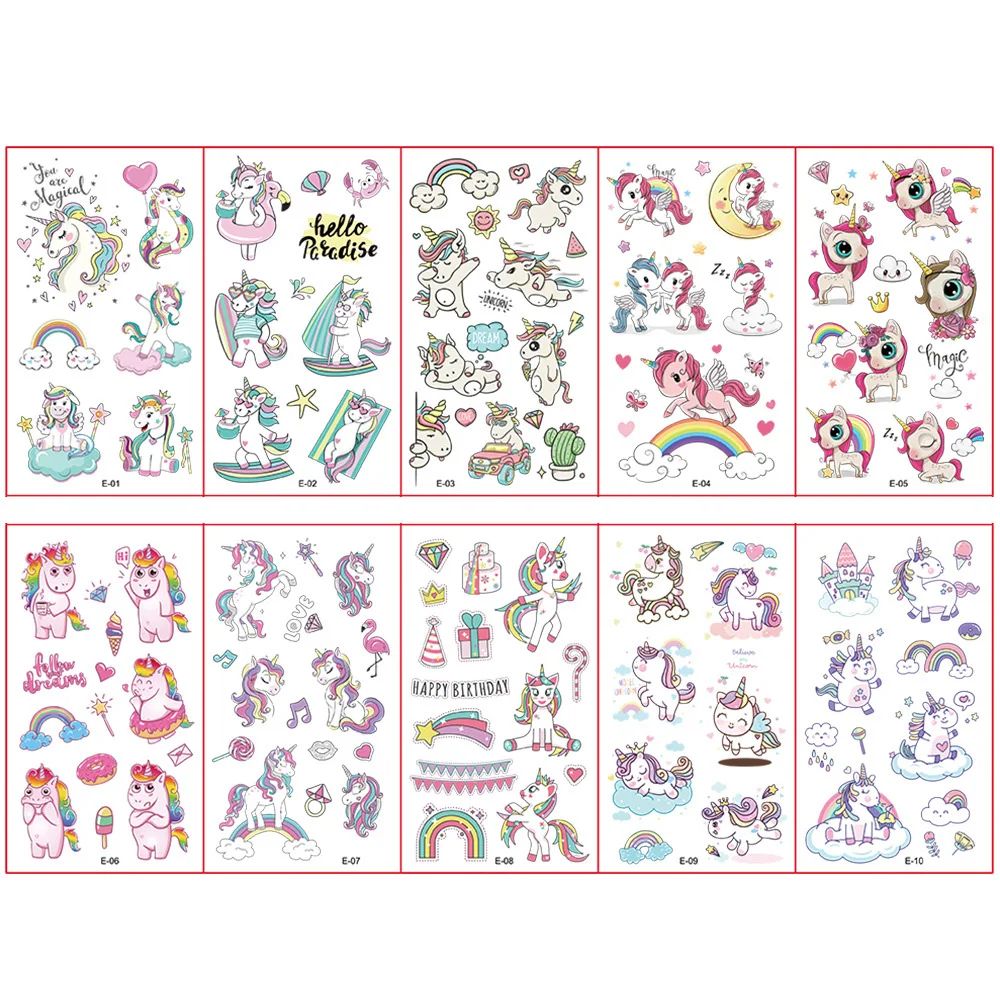 10 Sheets/Pack Kids Cartoon Unicorn Tattoo Sticker for Child