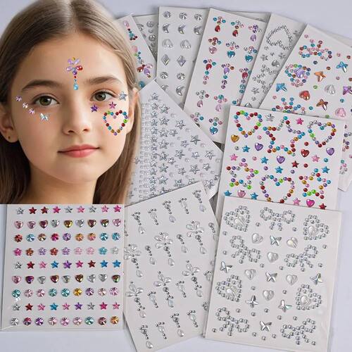 1sheet Cute Face Gems Self-Adhesive Stickers Heart/Bow/Star
