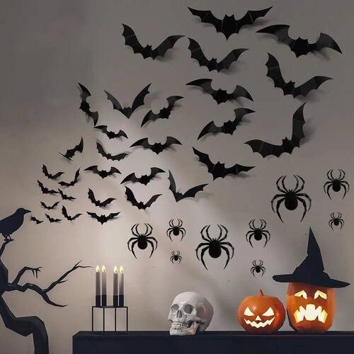 3D Black PVC Bat Spider Wall Stickers Scary Halloween Decora
