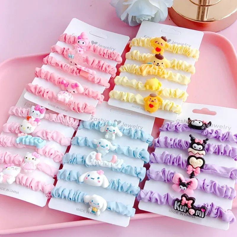5PCS  Kawaii Cinnamoroll Hair Ring Set Cute My Melody Kuromi
