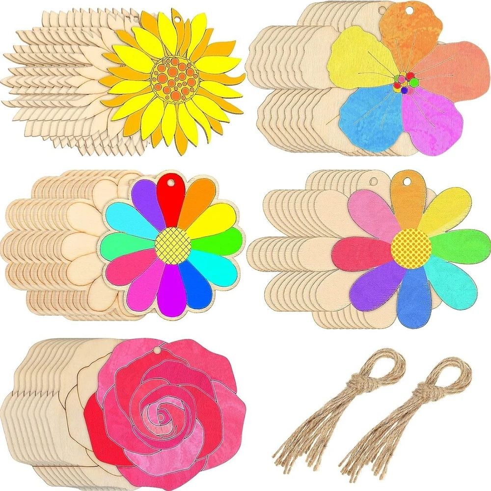 10pcs Spring Flower Hanging Ornament Rose Sunflower Wooden P