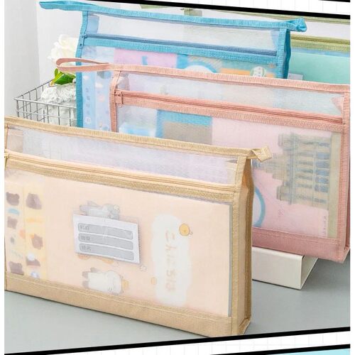Large A4 Double-Layer Mesh Zipper Storage Bag Transparent Or