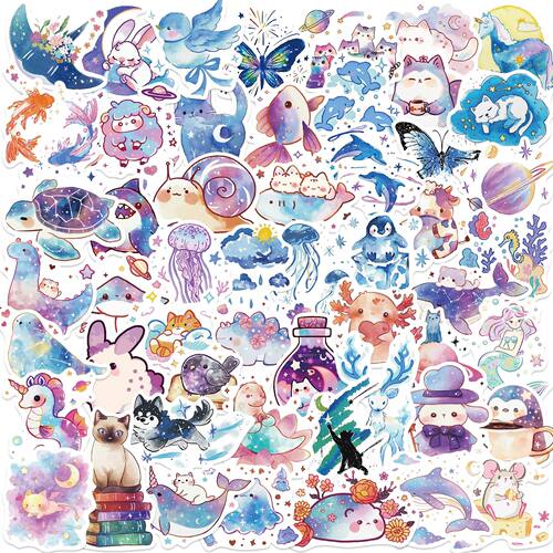 50pcs Mixed Cute Cartoon Watercolor Wildlife Park Animal Sti