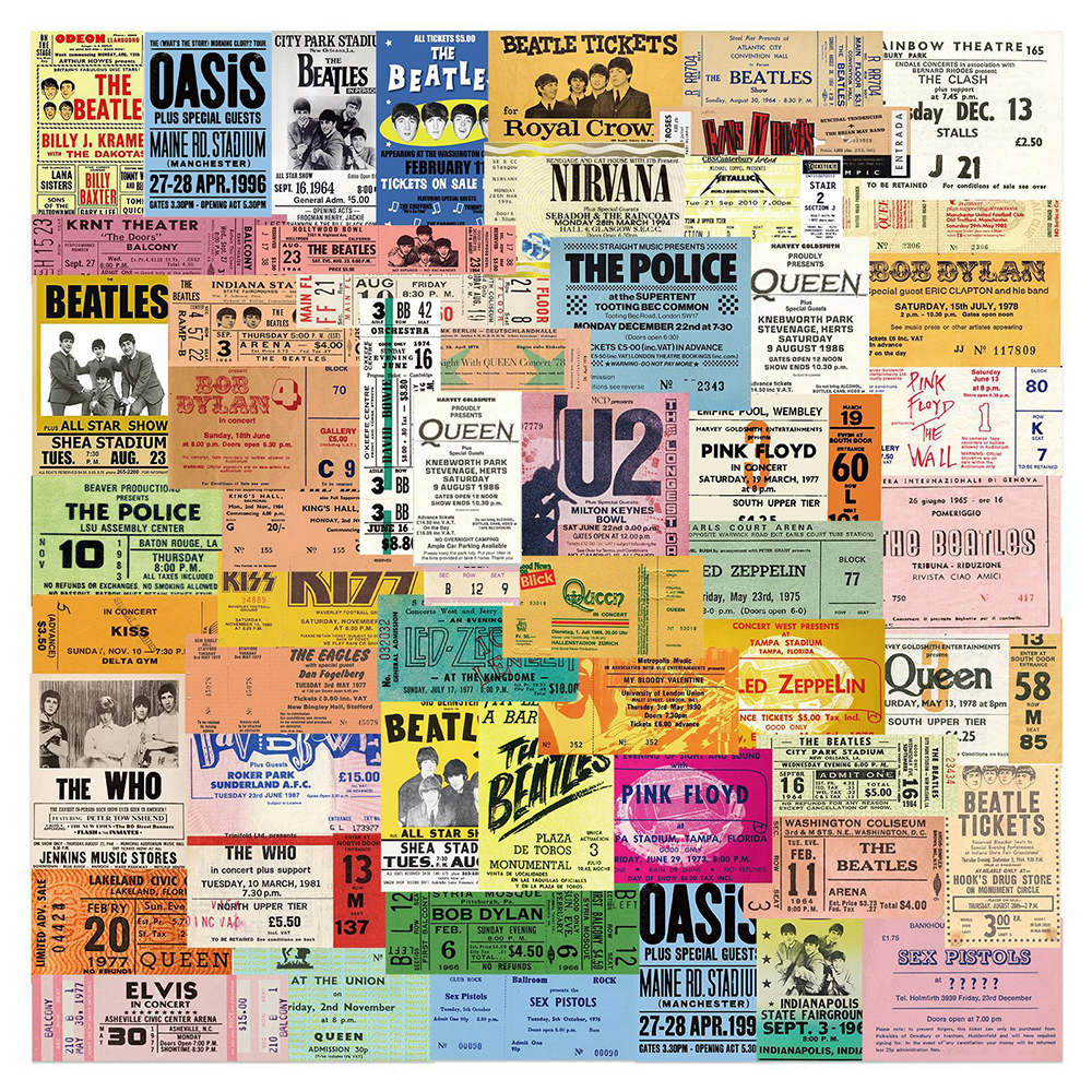55PCS Retro Rock Band Tickets Stickers Waterproof DIY Bike S