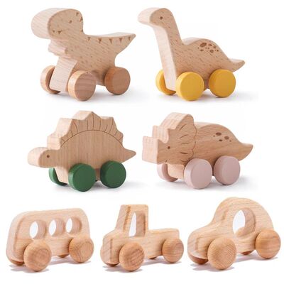 Wooden Baby Car Toys Beech Wooden Dinosaur Cartoon Car Teeth