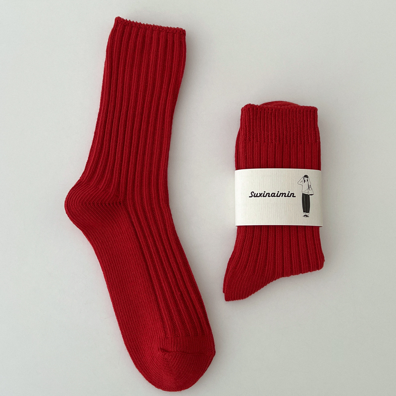 吸湿排汗女纯棉红色中筒袜