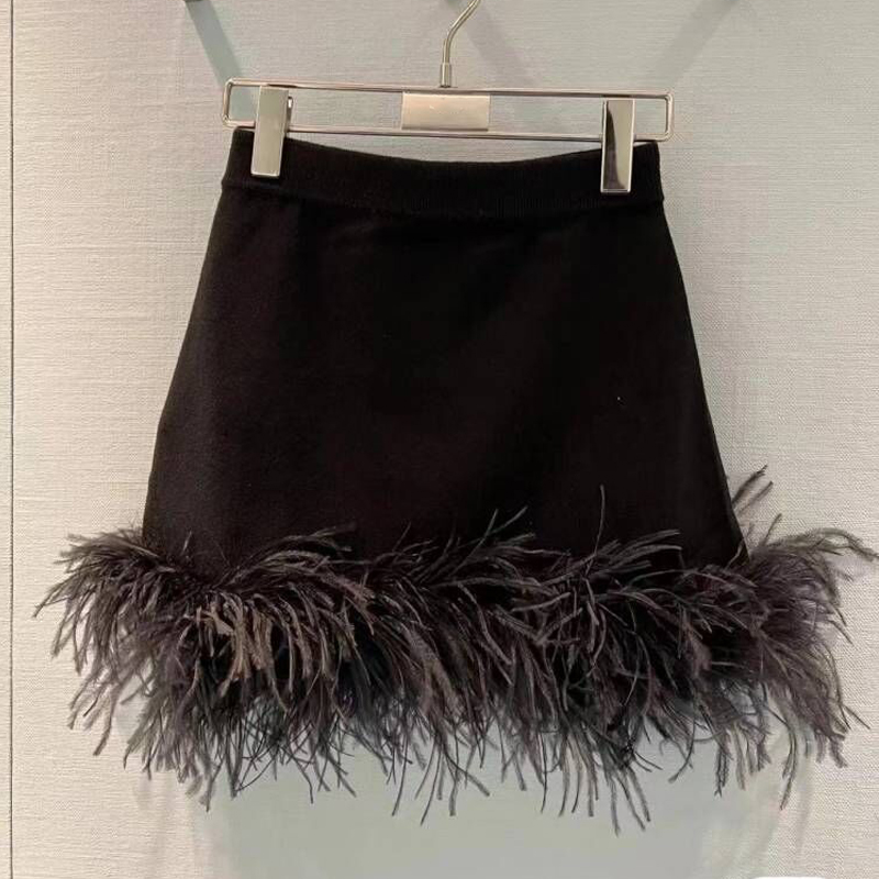 高腰显瘦羽毛半身裙A字短裙女