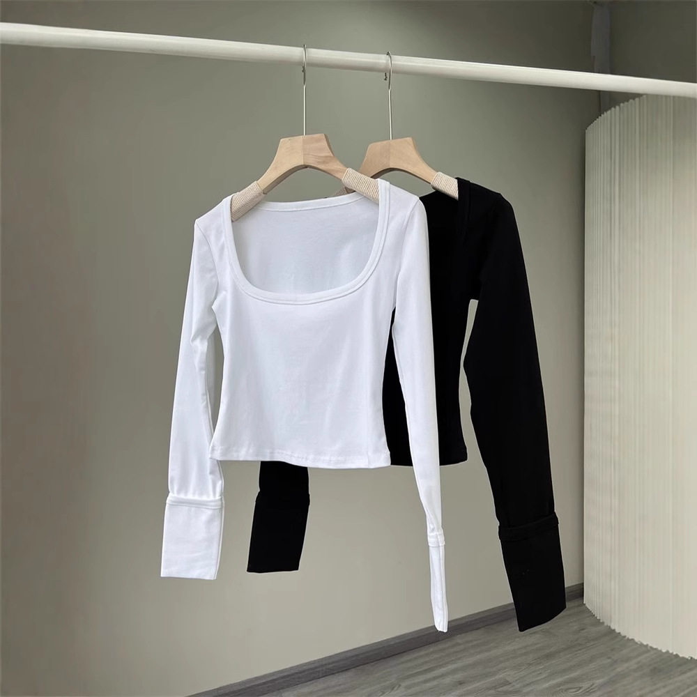法式小众2026春季新款大圆领短款上衣修身百搭长袖设计感T恤女