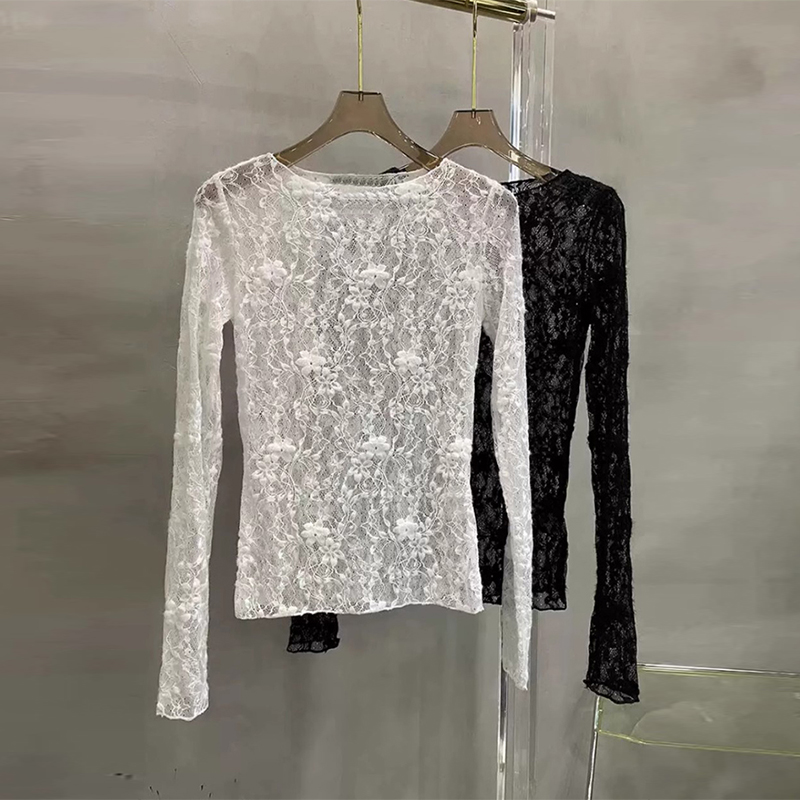修身钩花蕾丝衫长袖打底上衣女