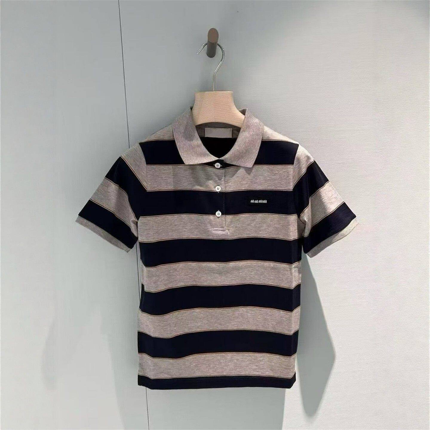 纯棉复古风休闲风撞色条纹短袖polo衫女小翻领字母徽标经典上衣