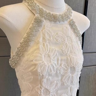 现货2025夏季新款千金贵气重工珠子挂脖立体花连衣裙女改良旗袍裙