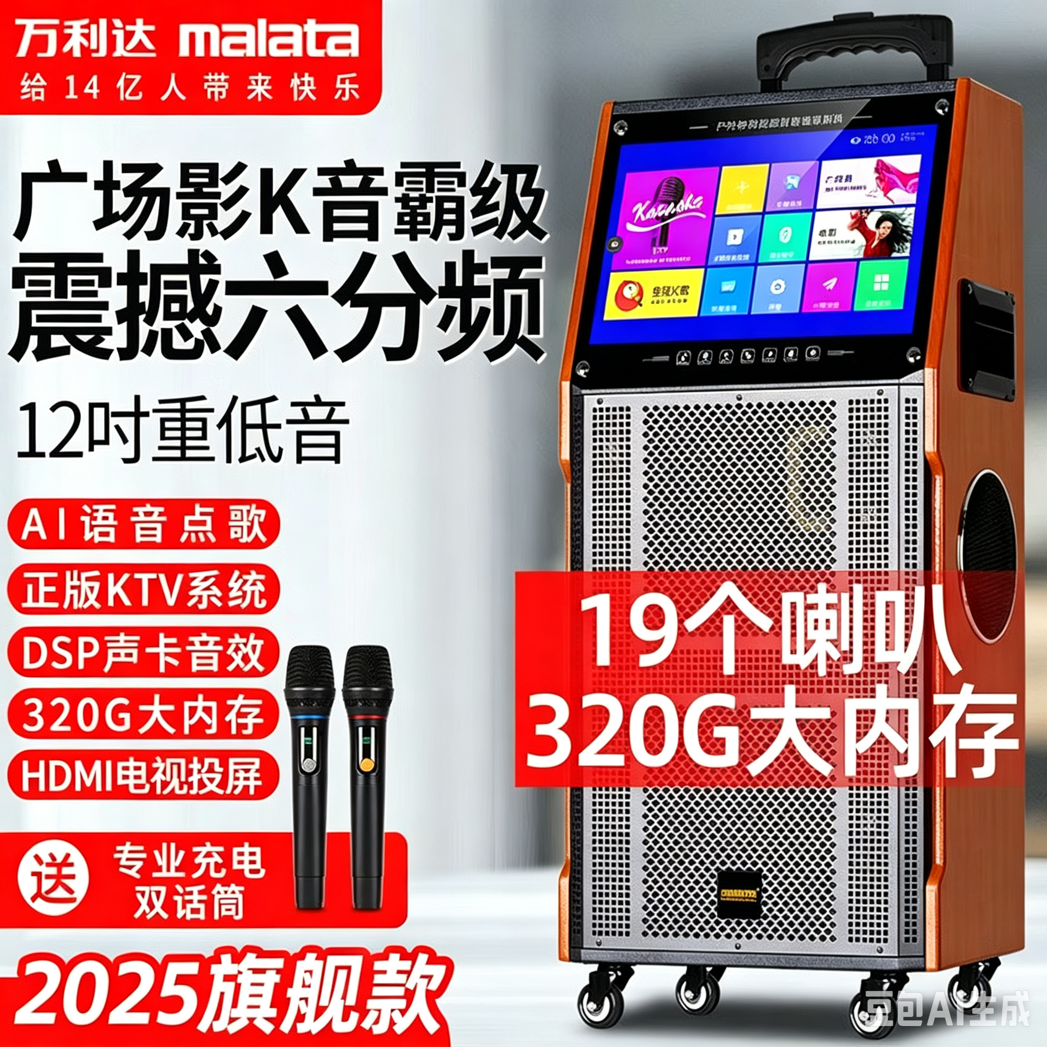 万利达D83户外K歌音响12寸超重低音广场舞拉杆音箱视频点歌一体机