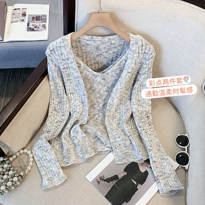 老钱风穿搭短款针织开衫背心上衣女秋冬辣妹短款软糯毛衣两件套潮