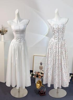 纯欲法式白色碎花立体剪裁吊带长裙收腰显瘦优雅抹胸连衣裙