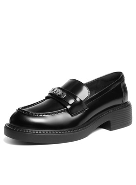 百丽平底乐福鞋黑色小皮鞋女鞋2026春新款复古深口单鞋F2G1 F2G1D