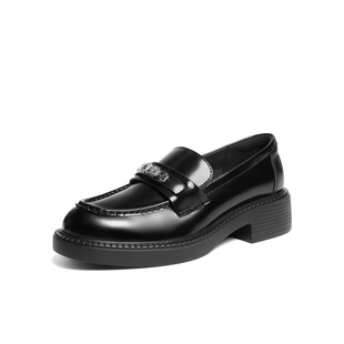 黑色小皮鞋 F2G1 女鞋 复古深口单鞋 F2G1D 2026春新款 百丽平底乐福鞋