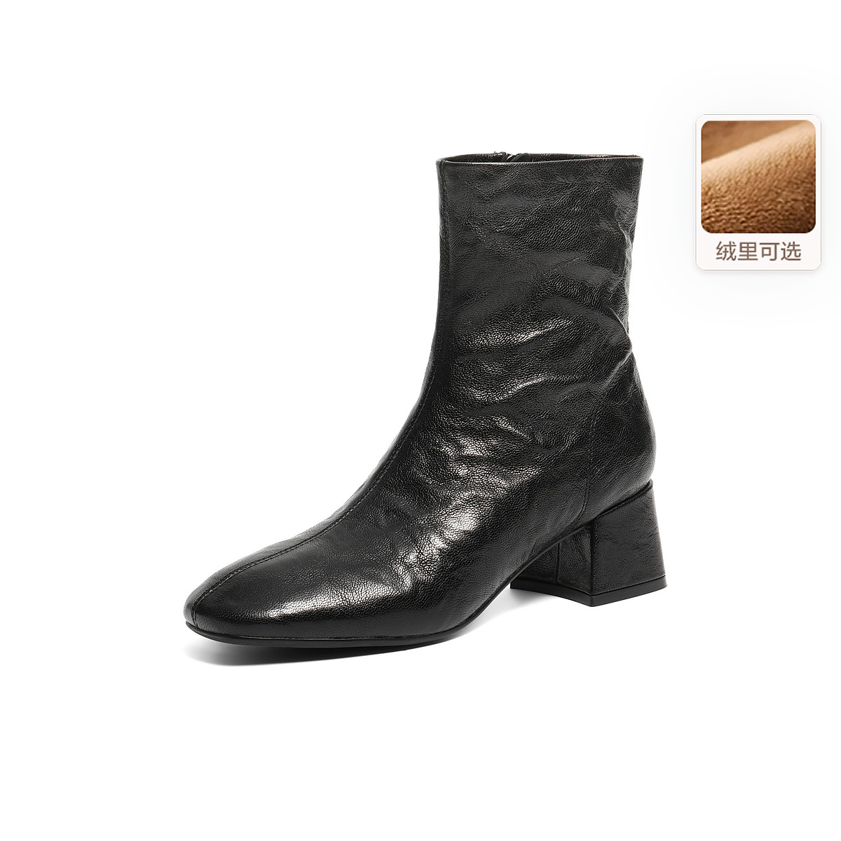 百丽羊皮加绒粗高跟时装靴女鞋