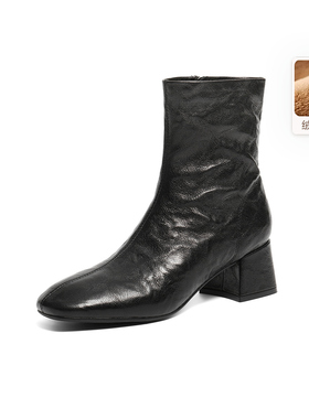 百丽羊皮加绒粗高跟时装靴女鞋2025冬新款防滑短靴F2Q1  F2Q1DDZ5