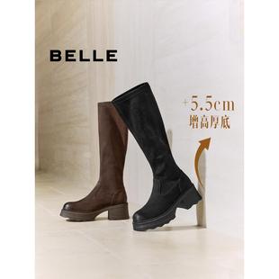 显瘦瘦厚底长筒靴E5G1DDG5 新款 百丽加绒骑士弹力靴女鞋 子2025冬季